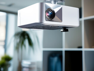 The square multimedia projector with lens hanging on the ceiling in the office, captured from a side angle