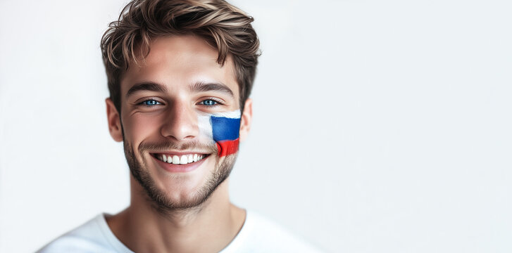 Smiling handsome young man holding painted France flag on white background with copy space. Football fan or soccer team supporter. Patriotism concept
