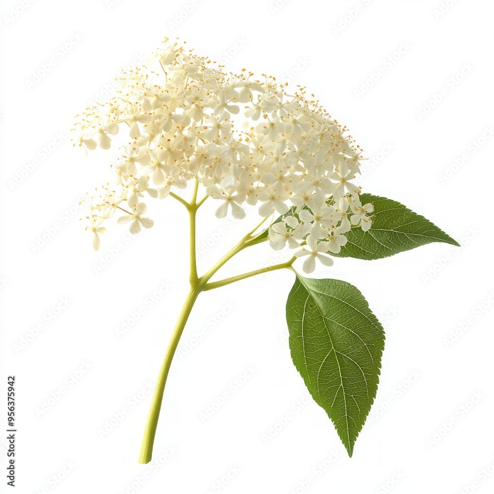 Wall mural A single sprig of elderflower blossoms with two green leaves, isolated on a white background.