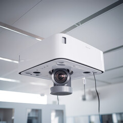 The square multimedia projector with lens hanging on the ceiling in the office, captured from the back