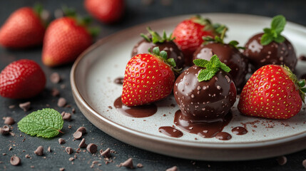 Chocolate-Covered Strawberries: A close-up of fresh strawberries dipped in glossy dark chocolate, arranged on a white plate with a few mint leaves.