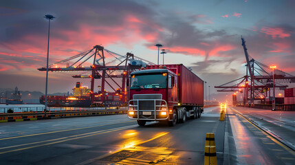 Truck trailer on the pier in the cargo port terminal with cranes and containers. AI Generated