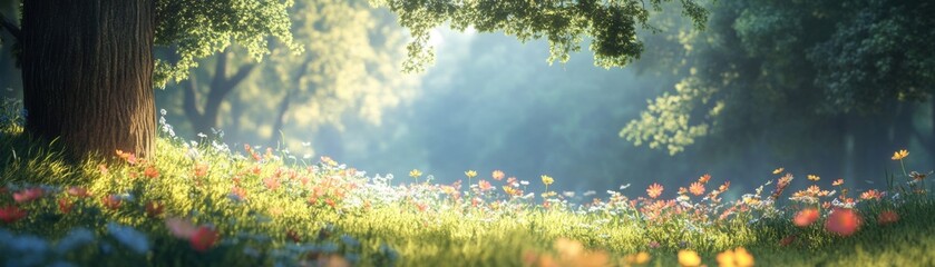 Obraz premium Serene Meadow Paradise - Tranquil Wildflower Landscape in 3D Illustration with Gentle Breeze
