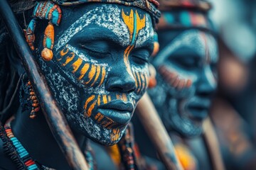 A striking image of a person with elaborate tribal face painting and traditional attire, illustrating cultural heritage and artistic expression in a solemn, contemplative pose.