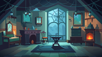 Fototapeta premium Spooky Haunted House Interior Vector Art: Cobwebs, Vintage Furniture, and Eerie Lighting 