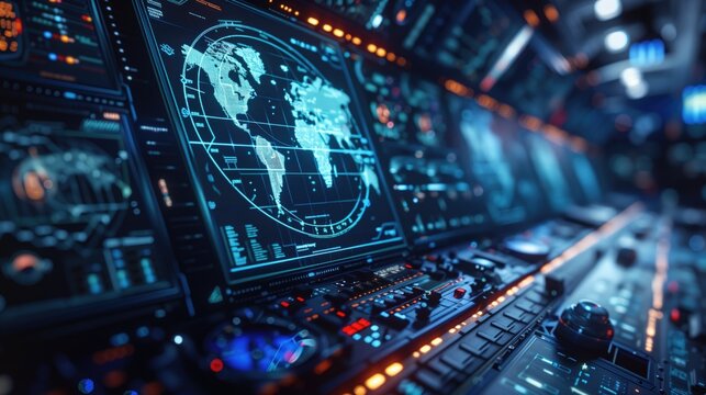 High-tech control room with futuristic world map displays and advanced technology. - Powered by Adobe