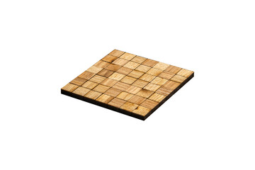 Square wooden tile or coaster featuring a mosaic pattern composed of numerous small wooden squares is isolated. The coaster's warm, light brown hue.