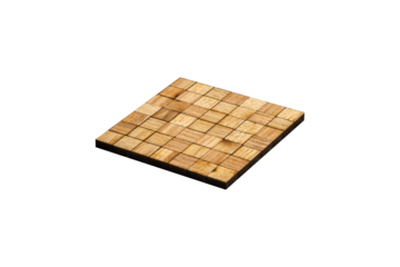 Square wooden tile or coaster featuring a mosaic pattern composed of numerous small wooden squares is isolated. The coaster's warm, light brown hue.