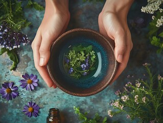 A close-up of hands gently mixing essential oils and fresh herbs in a bowl, surrounded by nature-inspired decor, embodying the essence of homeopathic remedies at home.