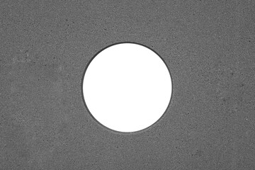 Gray foam rubber board with round window frame inside is isolated.