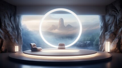 A futuristic meditation room with ambient lighting and a meditation cushion, creating a serene space for mindfulness in a modern setting.