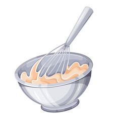 Whipping cartoon cake cream with metal whisk in bowl. Making whipped cream by pastry chef. Cooking process with utensils, confectionery mascot, cartoon sweet mousse preparation vector illustration