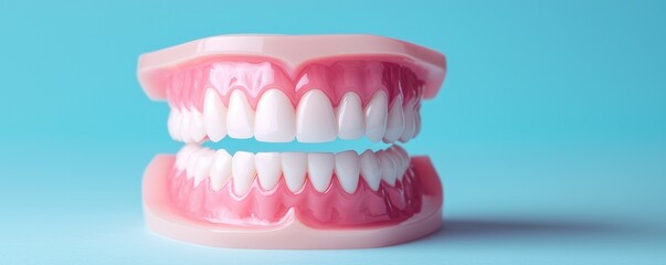 Fototapeta premium A realistic dental model showcasing perfect white teeth against a bright blue background, ideal for dental education and marketing.