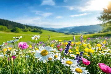 Fototapeta premium A beautiful spring meadow filled with a diverse array of blooming wildflowers, highlighted by bright sunshine, rolling hills, and clear blue skies in the background.