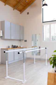 Prosthetic lab with parallel bars for physical therapy and rehabilitation exercises, copy space