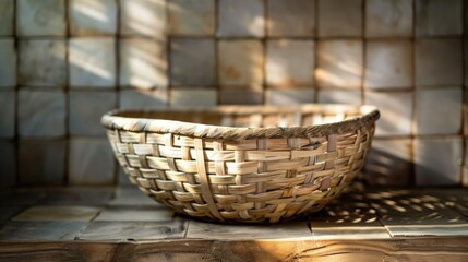 Fototapeta premium Rustic Woven Basket on Textured Tiled Surface in Sunlight.