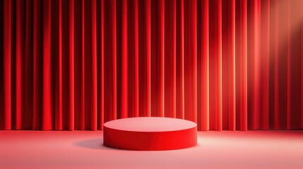 A vibrant red stage with a circular platform and draped curtains, ideal for performances and presentations.