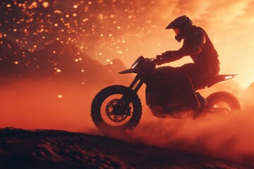 Fototapeta premium A man is riding a fast dirt bike on a rough dirt road