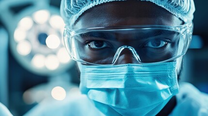 An African American surgeon, clad in surgical attire, is intently preparing for a surgical procedure in a well-equipped operating room, demonstrating concentration and expertise