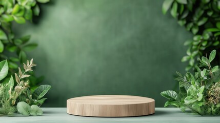 A wooden platform surrounded by lush greenery, perfect for product display, presentations, or culinary showcases.