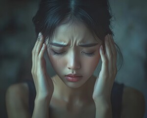 Asian woman clutching her temples, eyes shut tight, standing in a dim room, her posture conveying a heavy sense of remorse, guilt expression, physical manifestation of guilt