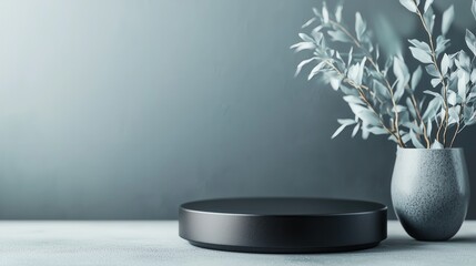 Elegant display featuring a black pedestal with a stylish vase and delicate foliage against a soothing blue background.