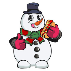 christmas cartoon character mascot of a snowman carrying a hotdog while giving a thumbs up, work of handmade