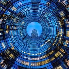 A mesmerizing view of a skyscraper through a circular glass architecture, showcasing blue reflections and intricate design.