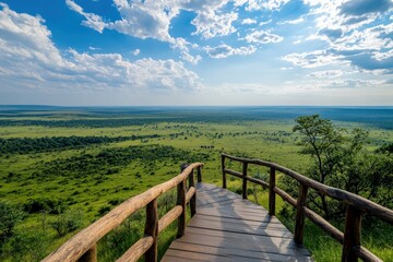 Obraz premium A breathtaking view from a wooden deck overlooking expansive green plains and a stunning blue sky with scattered clouds, showcasing natural beauty and tranquility.