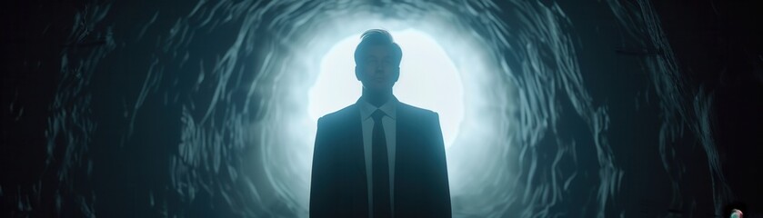 Fototapeta premium A mysterious figure stands silhouetted against a glowing background, creating an atmosphere of intrigue and suspense.