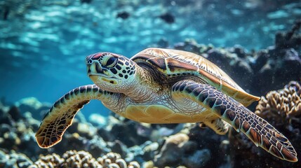 Fototapeta premium Majestic Sea Turtle Swimming Through Intricate Coral Reef Patterns
