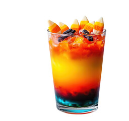Colorful layered Halloween cocktail garnished with candy corn and spooky black licorice. Perfect festive drink for celebrations. Isolated on white.