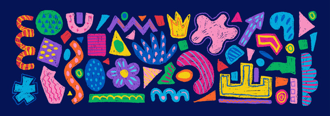 Hand drawn set of colorful abstract geometric shapes, forms. Vector collection of contemporary texture figure in doodle style. Design element perfect for banner, print, stickers, decor