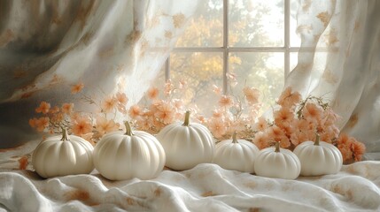 Watercolor White and Blue Pumpkins with Delicate Leaves and Flowers