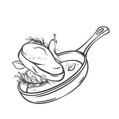 Meat steak, vegetable and herbs flying in pan line icon. Outline beef or pork slice frying with chili pepper, greens ingredients. Cooking process mascot, hand drawn pan of dinner vector illustration