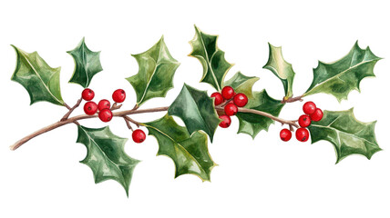 Festive holly branch with green leaves and red berries, perfect for holiday decoration or Christmas-themed designs.