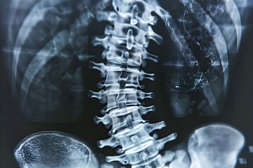 Complete X-Ray Illustration of Spinal Abnormality Showing Scoliosis and Curved Spine Alongside a Swollen Ankle or Leg in a Medical Illustration