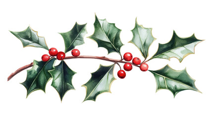 A festive holly branch with red berries and green leaves, perfect for holiday decorations and seasonal designs.