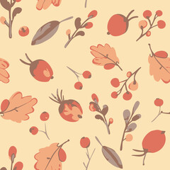 Fototapeta premium Autumn berries, twigs, branches with leaves seamless pattern. Fall wild forest berries and foliage repeat background. Thanksgiving festive hand drawn print.