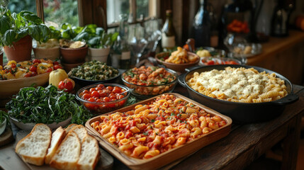 Obraz premium Family Style Meal: A large, shared Italian meal with dishes like pasta, salad, and bread spread across the table, capturing the essence of communal dining.