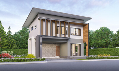 Modern house exterior day light with lawn grass.3d rendering