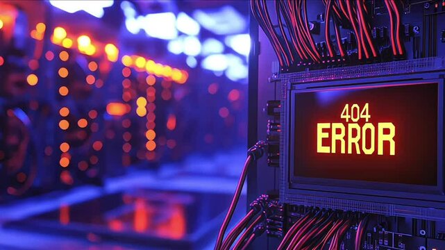 Glitching screen displaying error 404 message, surrounded by broken circuits and wires, symbolizing digital disconnection and technical malfunction in a modern computer network
