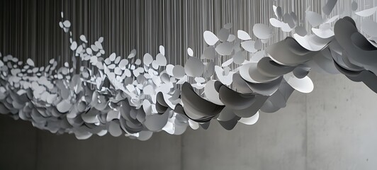 Fototapeta premium 40. Suspended paper shapes arranged in a cascading, three-dimensional pattern with intricate cut details