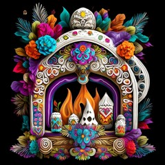 Detailed paper art featuring festive skulls, vibrant flames, and colorful floral decorations arranged on a black background with ornate patterns.