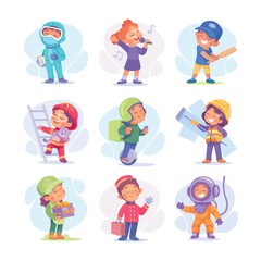 Fototapeta premium Child Profession Doing Different Job in Costume Vector Set