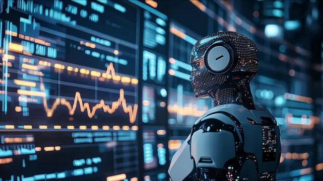 robot with hologram screen with trading market graph, financial and economic with Ai personal assistant concept 