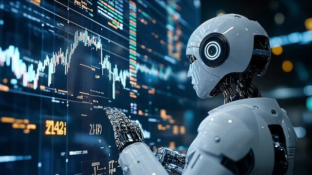 robot with hologram screen with trading market graph, financial and economic with Ai personal assistant concept 