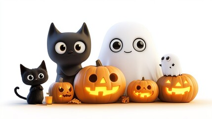 Obraz premium Cute Halloween characters gather around glowing jack-o'-lanterns at night