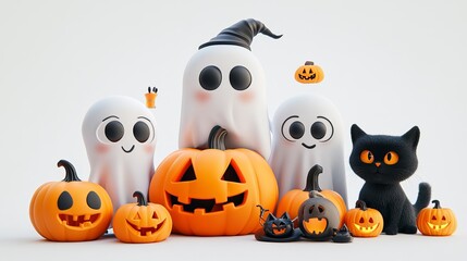 Obraz premium Spooky Halloween decorations with ghosts, pumpkins, and a black cat