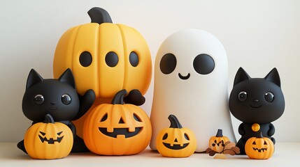 Cute Halloween decorations with pumpkins, ghosts, and black cats on a table